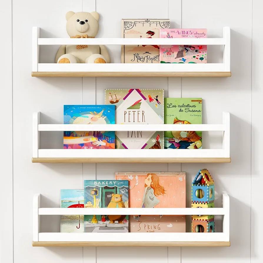 24 Inch Wall Bookshelf for Kids Room 3-Pack, Large White Floating Nursery Book Shelves for Baby Boys Girls Bedroom, Wood Long Hanging Bookshelves Wall Mounted for Toddler Child Playroom