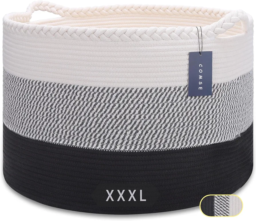 COMSE Extra Large Blanket Basket, Storage Basket, Large Laundry Basket, 21.7”x 13.8”, Cotton Rope Basket, Blanket Storage for Living Room, Toy Basket, Woven Basket, Clothes Baskets, White/Gray/Black