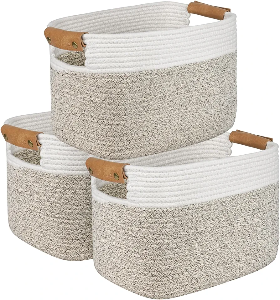 AivaToba Cotton Rope Basket, Storage Basket for Organizing, 15”x10”x9.5” Woven Basket with Handles, Organizing Baskets for Living Room, Shelves, Pack of 3