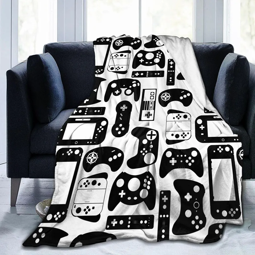 Video Game Gaming Black White Gamer Throw Blanket Soft Bed Bedding Warm Cozy Plush Flannel Fleece Blankets Gifts for Kids Boys Teens Men, Sofa Couch Bedroom Home Decor, 60"X50"