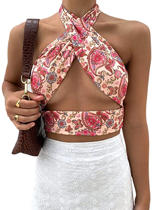 Crisscross Halter Neck Cutout Top Sheer Cup Detail Strappy Tie Backless Basic Tees Crop Top (Paisley Bandana Print