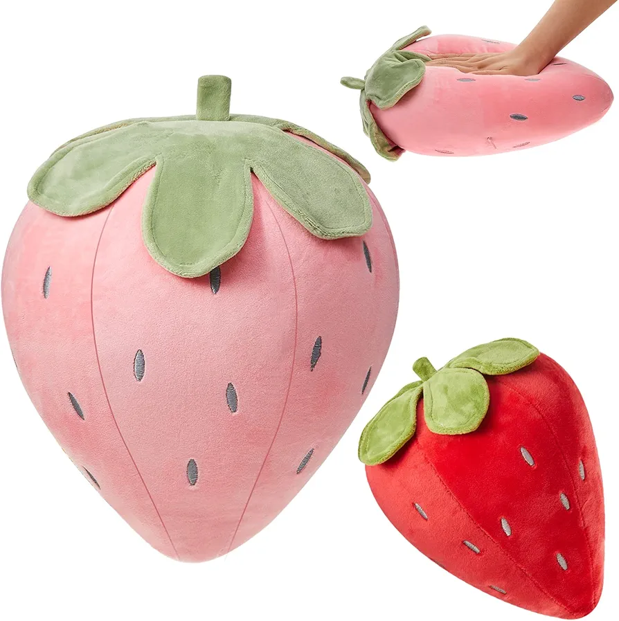 2 Pcs Strawberry Plush Pillows Fruit Kids Pillow Soft Kawaii Strawberry Decor Aesthetic Cute Pillows Stuffed Strawberry Pillow for Room Home Car Decoration Birthday Gifts, Red Pink