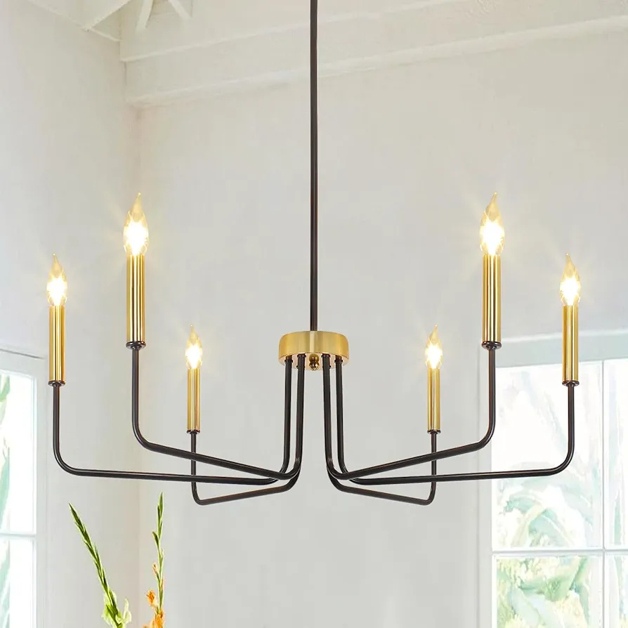 Modern Black and Gold Chandelier, 6-Light Metal Dining Room Light Fixture, Candle Chandelier Light Fixtures Modern Farmhouse Chandeliers for Living Room Kitchen Foyer Entryway Bedroom