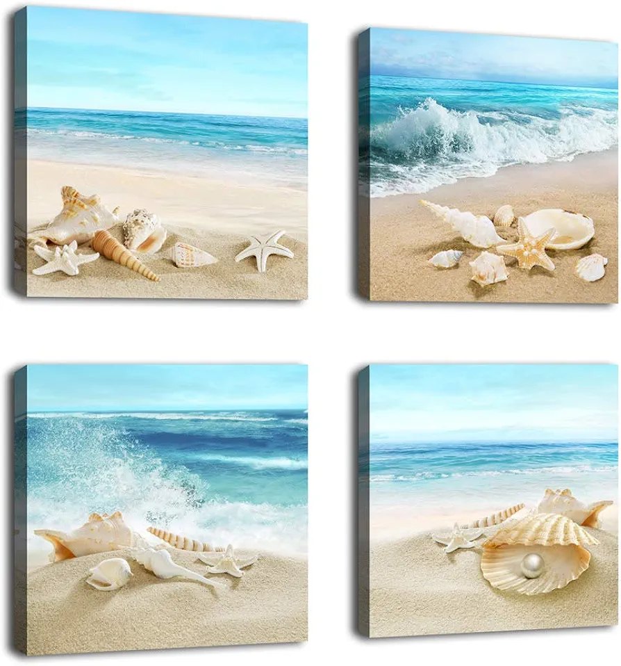 Beach Waves Wall Art Ocean Decor Sands Seashell Starfish Nature Pictures Blue Canvas Artwork Turquoise Wall Art for Bathroom Bedroom Living Room Office Kitchen Wall Decor 12" x 12" x 4 Pieces