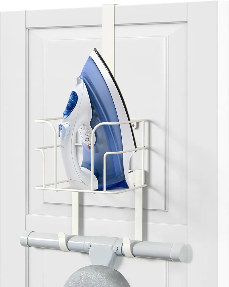 Over The Door/Wall Mount Ironing Board Hanger, Laundry Room Iron and Ironing Board Caddy Storage Holder (White)