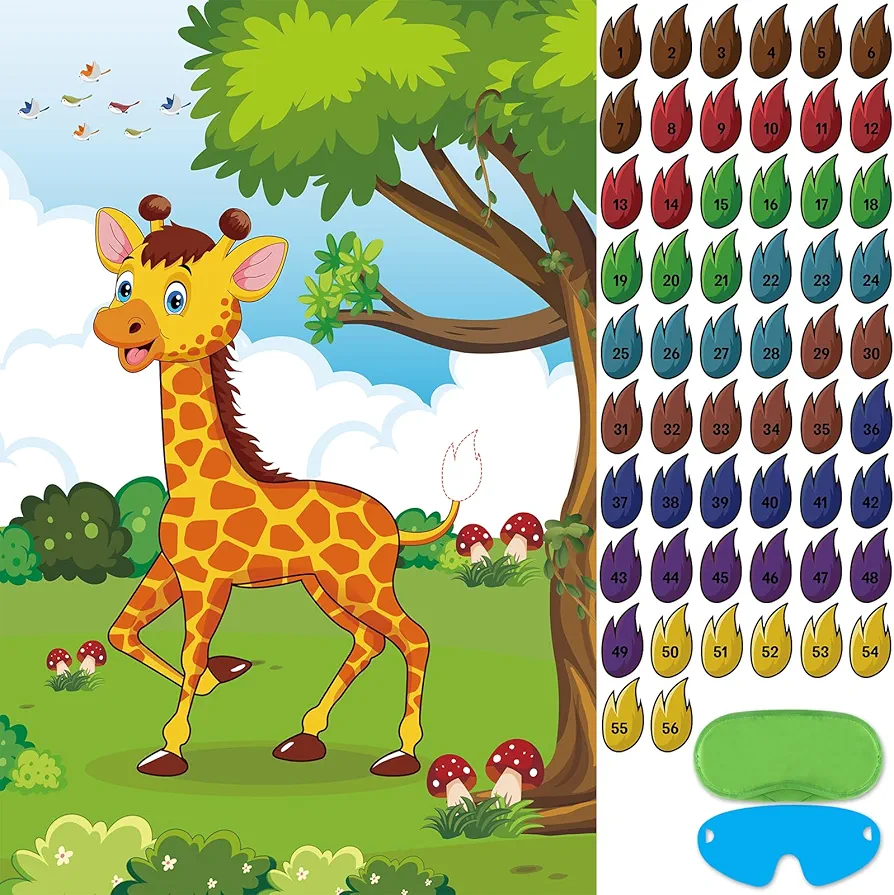 Pin The Tail on The Giraffe Game Birthday Party Games for Kids 4-8 Safari Party Supplies Wild Animal Classroom Party Decorations, Large Pin The Tail Game Poster with 56 Tail Stickers