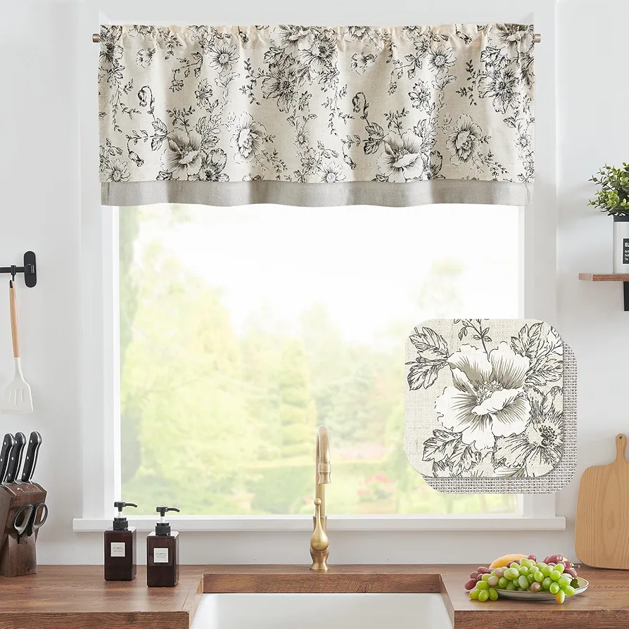 JINCHAN Linen Valance Curtain Farmhouse Window Decor Gray Floral Print Valance for Kitchen Living Room Double Layer Blackout Valance 16 Inches Rustic Window Treatment 1 Panel Rod Pocket Black on Beige