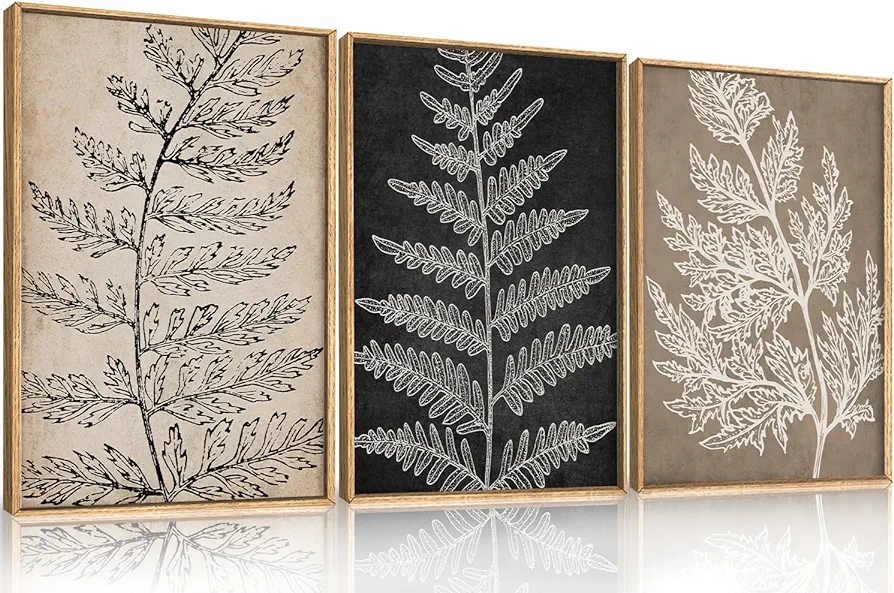 KAIRNE Framed Botanical Wall Art set, Black Tan Canvas Plant Wall Decor, Minimalist Wall Painting, Abstact Modern Fern Leaf Artwork for Living room, Bedroom, Farmhouse, Dinning Room, Office-16 x24 x3