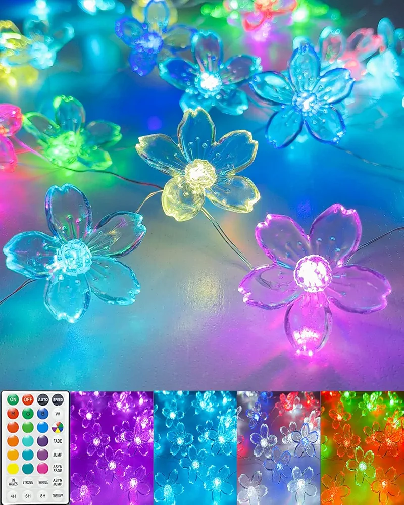 Flower String Lights Cherry Blossom Lights Battery Operated Decorative Cute Led Color Changing Fairy Lights for Bedroom Bathroom Christmas Tree Japanese Sakura Spring Kawaii Pink Game Room Decor