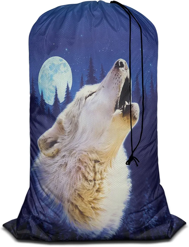 Swono Large Capacity Laundry Hamper Basket Wild Wolf Winter Jungle Starry Night Stars White Wildlife Storage Baskets for Bedroom, Bathroom, Dorm, Dining Room, Animal Theme