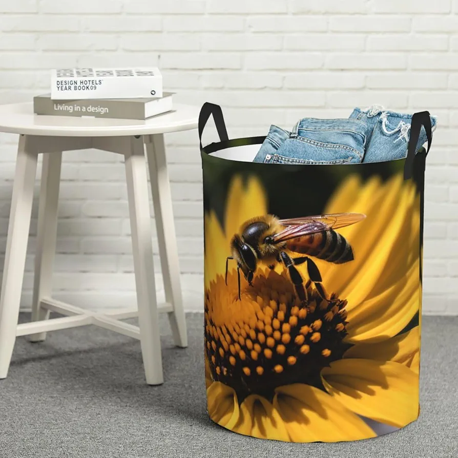 Large Laundry Basket Yellow Flower with Black Bee Laundry Hamper Collapsible Laundry Baskets Freestanding Waterproof Laundry Bag for Bedroom Bathroom Laundry Room