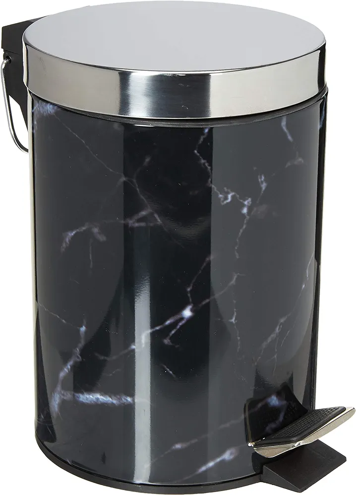 Mini Modern Black Marble & Silver Round Step Trash Can by Home Basics | 3 Liter Compact Garbage Bin with Removable Liner Bucket and Handle for Bathroom, Office, or Powder Room