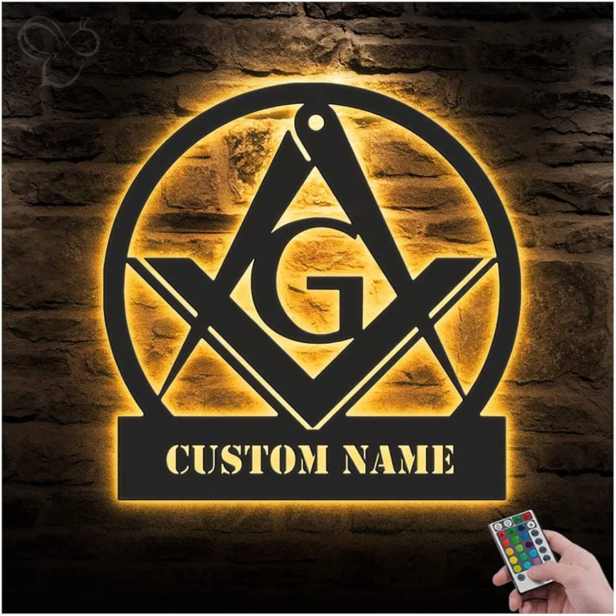 Custom Mason Metal Wall Art With Led Lights Personalized Masonic Hanging Name Sign Home Decor Freemason Square And Compasses Decoration Front Door Birthday Man Cave Hanger Light Up Outdoor Living Room Housewarming Christmas Xmas Father'S Day Gift Dad