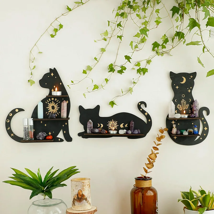 Artilady Crystal Shelf Display - 3 PCS Black Cute Cat Floating Shelves for Halloween Wall Bedroom Decor Display Shelf for Crystals and Stones Witchy Room Decorations Gift for Cat Lover