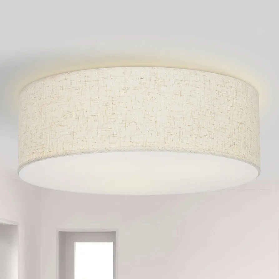 Flush Mount Ceiling Light,16''Modern Close to Ceiling Lamp with Double Linen Fabric Shade,3 Light Semi Flush Mount Ceiling Light Fixture,Farmhouse Drum Light Fixture for Bedroom Living Room