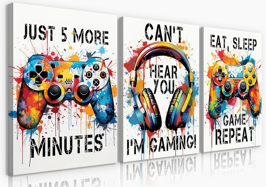 BJVJKSU Gaming Posters Video Game Canvas Wall Decor Gamer Wall Art Game Room Print Colorful Neon Gamepad Earphone Painting for Boys Room Playroom Bedroom Graffiti Gaming Pictures(12x16in)