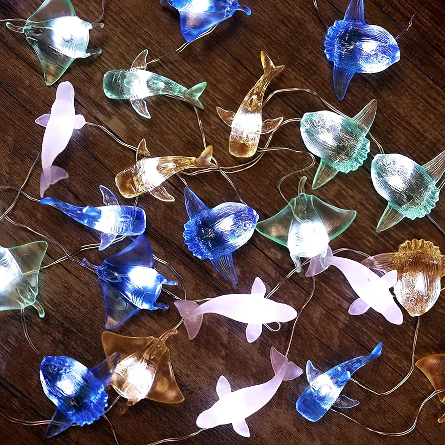 Ocean Themed Marine Life Fairy String Lights, Nautical Décor Beluga Manta Ray Sunfish Whale Shark Cute Decorative Lights USB Operated 30 LEDs 10ft for Bedroom Christmas Tree Ornaments Holiday Party