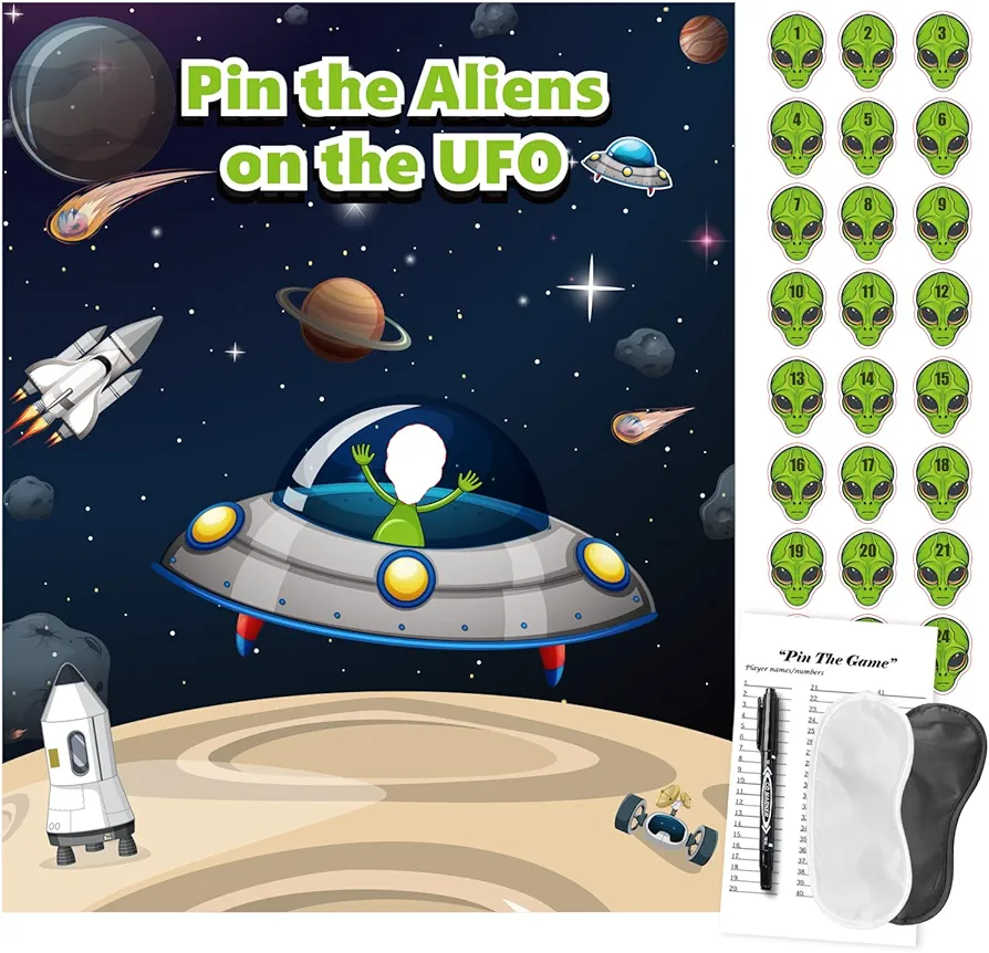 Aliens Space Party Decorations Games Pin The Aliens on The UFO Games for Outer Space Theme Classroom Activities Birthday Party Supplies Favors