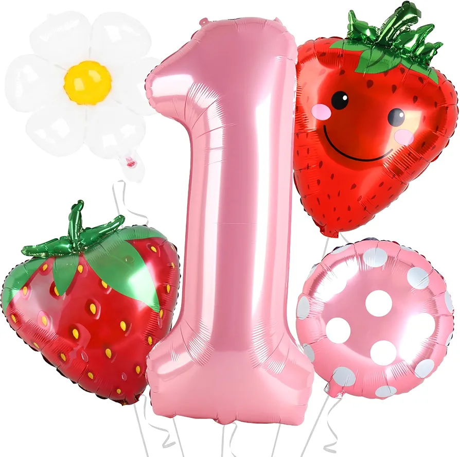 5Pcs Berry First Birthday Party Supplies 40 Inch Pink One Balloon for Sweet One Birthday Party Decorations Strawberry Foil Helium Balloons Birthday Party Decorations Backdrops for Girls