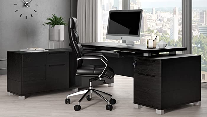 Ford Black Oak Veneer Executive Modern L-Shaped Desk with Filing Cabinet - Left Return