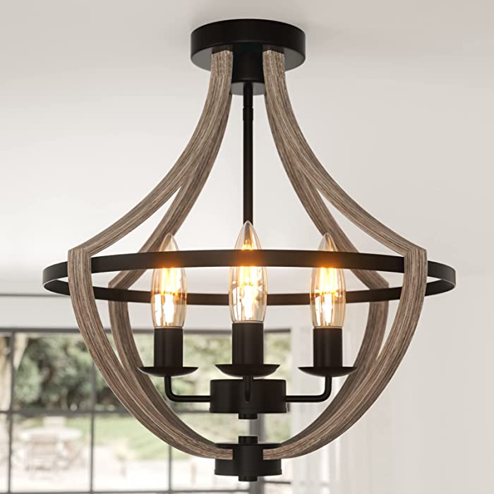 16.5" Farmhouse Light Fixtures Chandelier, 4-Light Rustic Flush Mount Ceiling Light, Modern Faux Wood Light Fixture for Dining Room Kitchen Foyer Hallway Entryway Bedroom Closet