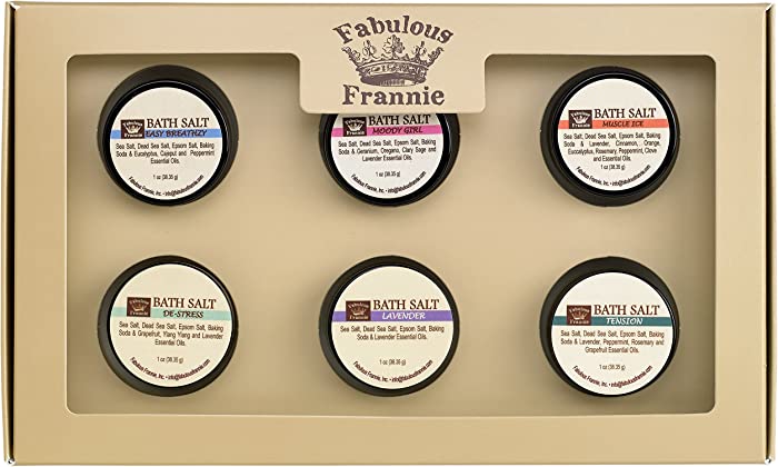 Fabulous Frannie Bath Salt Sampler Wellness Kit - All Natural Ingredients and Pure Essential Oils Includes Easy Breathzy, Muscle Ice, Lavender, De-Stress, Moody Girl and Tension