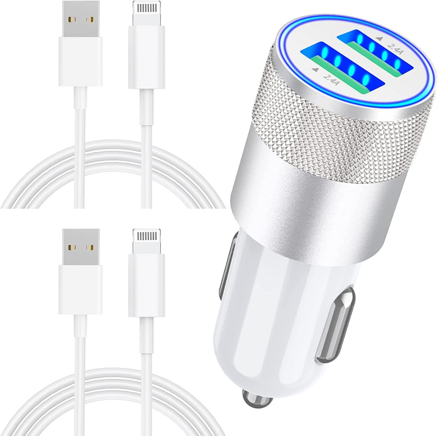 [Apple MFi Certified] iPhone Car Charger, 4.8A/24W Dual USB Car Fast Charger Power Rapid Adapter with 2Pack Lightning to USB Cable Quick Sync Charging for iPhone 13/12/11/XS/XR/X/8/7/SE/Airpods/iPad