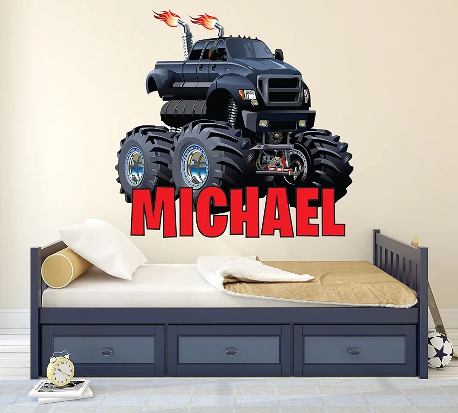 Monster Truck Decal - Custom Kids Name Wall Decor - Personalized Name Wall Decals for Boys Bedroom - Monster Truck Wall Art