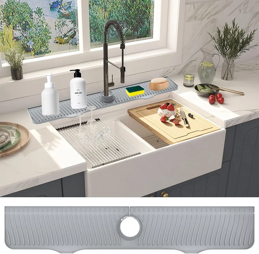 highydroLED 32 inch Sink Splash Guard, 32”x 5.5” Faucet Mat, Silicone Faucet Drainer Pad, Water Drip Catcher Mat for Kitchen, Bathroom, Laundry Room, Farmhouse, Bar & RV (Grey)