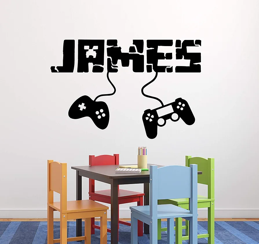 Personalized Gaming Name Wall Decal Boys Custom Controller Mural Video Game Gamer Teen Nursery Playroom Removable Decor Vinyl Sticker (24"W x 16"H)