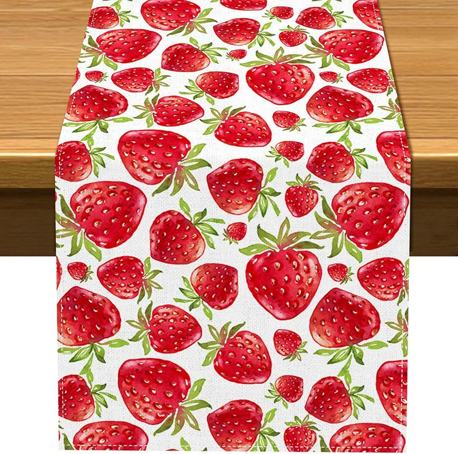 Vohado Strawberry Table Runner Spring Summer Fruit Berry Birthday Party Decoration Dining Room Home Kitchen Island Decor