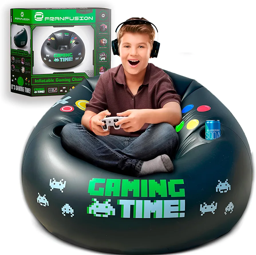 Green Inflatable Gaming Chair for Kids & Teens with Cup Holders and Side Pocket - This Air Bean Bag Game Chair is The Perfect Furniture for Gamer Room Décor