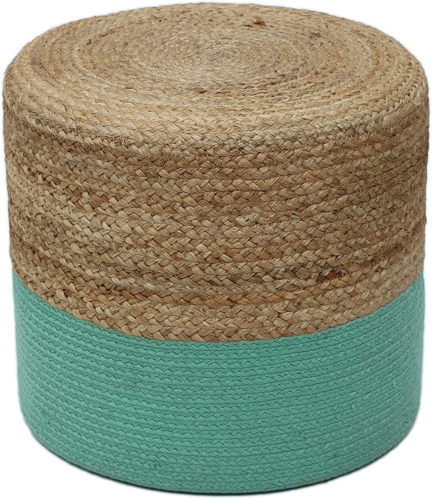 Ottoman Pouf | Hand-Braided |100% Jute | Large Funiture Pouf | Footrest, Bean Bag, Floor Chair | Great for The Living Room, Bedroom & Kid’s Room | 18’’ x 18’’ x 16’’ | Natural Turquoise