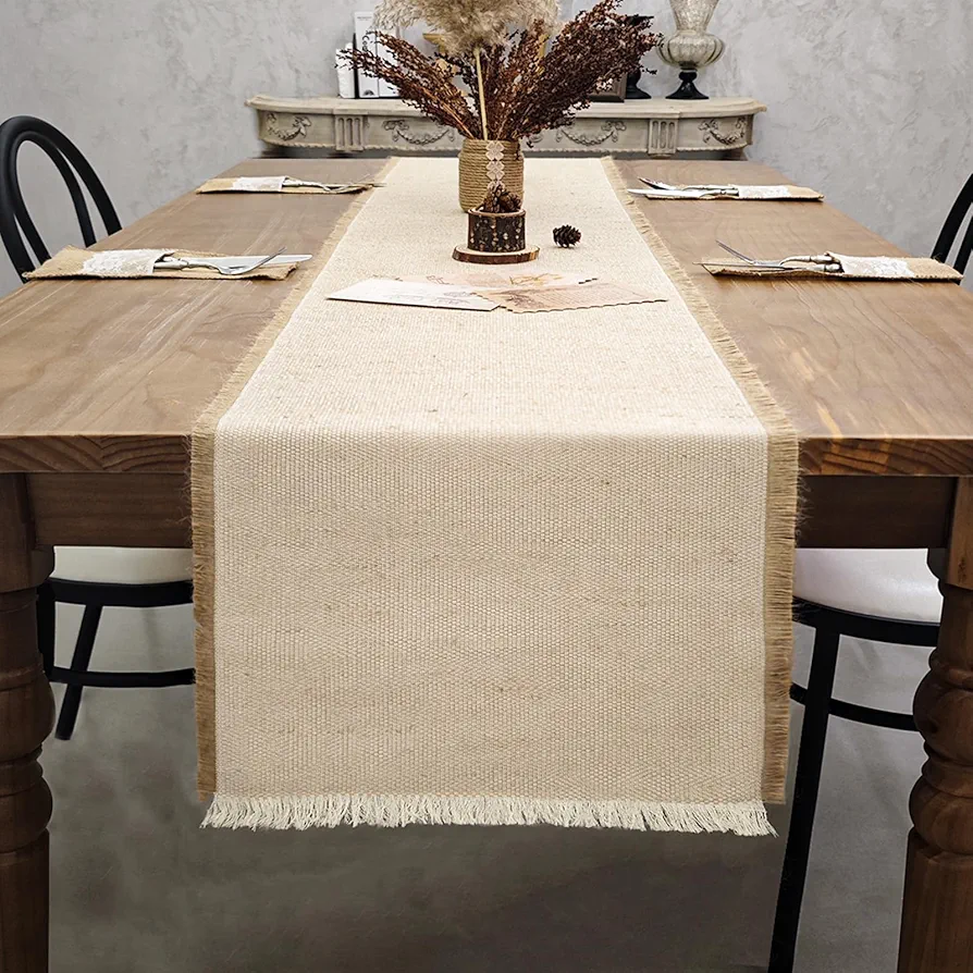 OurWarm Burlap Woven Table Runner 108 Inches Long Farmhouse Rustic Table Decor for Home, Macrame Table Cloth for Dining Living Room Bedroom Bridal Shower (12 x 108 Inches)