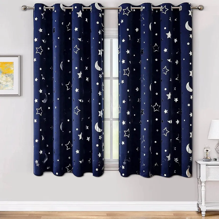 WUBODTI Navy Blue Star Curtains Blackout Kids Room Curtain 2 Panel Sets 63 Inch Length, Silver Star and Moon Patterned Curtains Grommets Thermal Insulated Space Drapes for Boys Bedroom 42'' x 63''