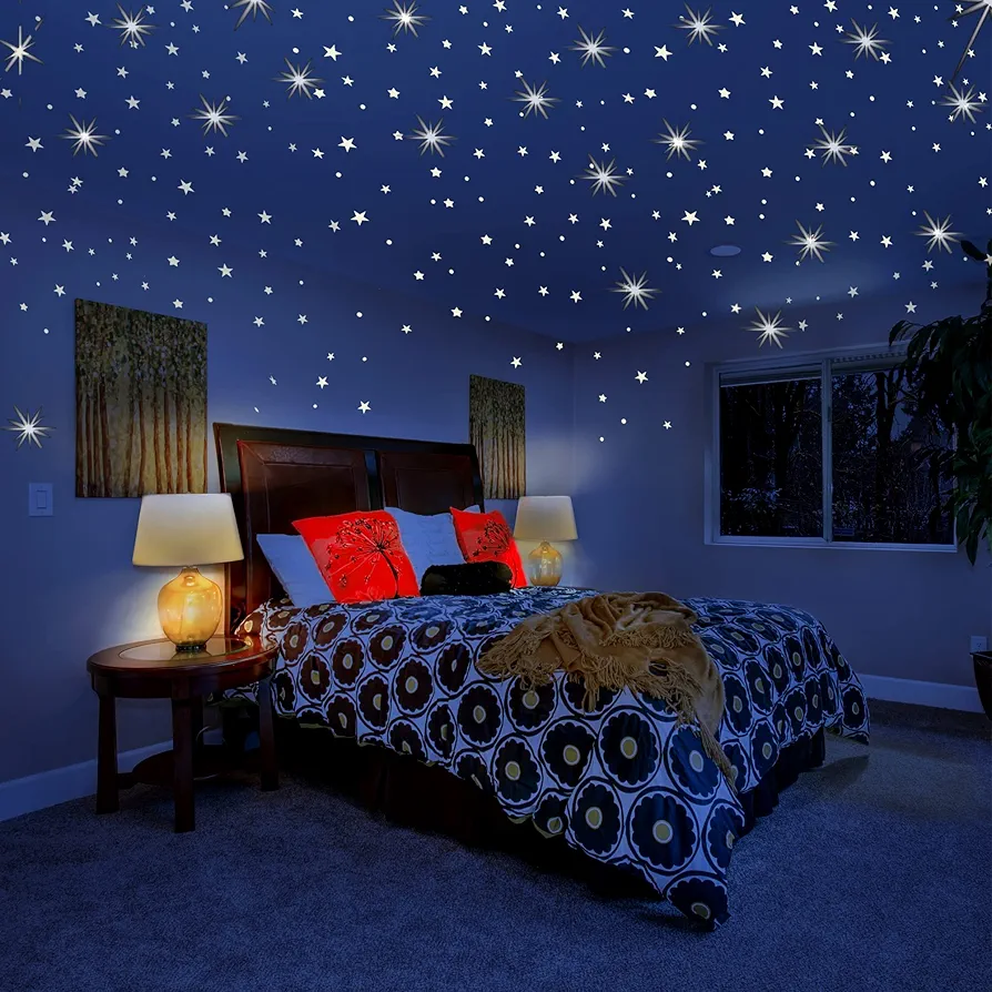 Glow in The Dark Stars for Ceiling or Wall Stickers - Glowing Wall Decals Stickers Room Decor Kit - Galaxy Glow Star Set and Solar System Decal for Kids Bedroom Decoration