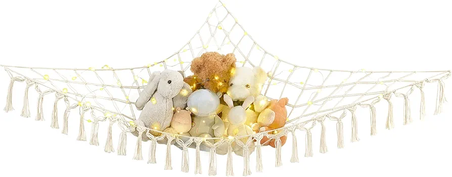 Mkono Stuffed Animal Net or Hammock Boho Toy Storage Holder Hanging Organizer with Decorative Tassels and Lights Large Corner Plush Net Toys Display Hammock for Nursery Kid Room Playroom, Ivory