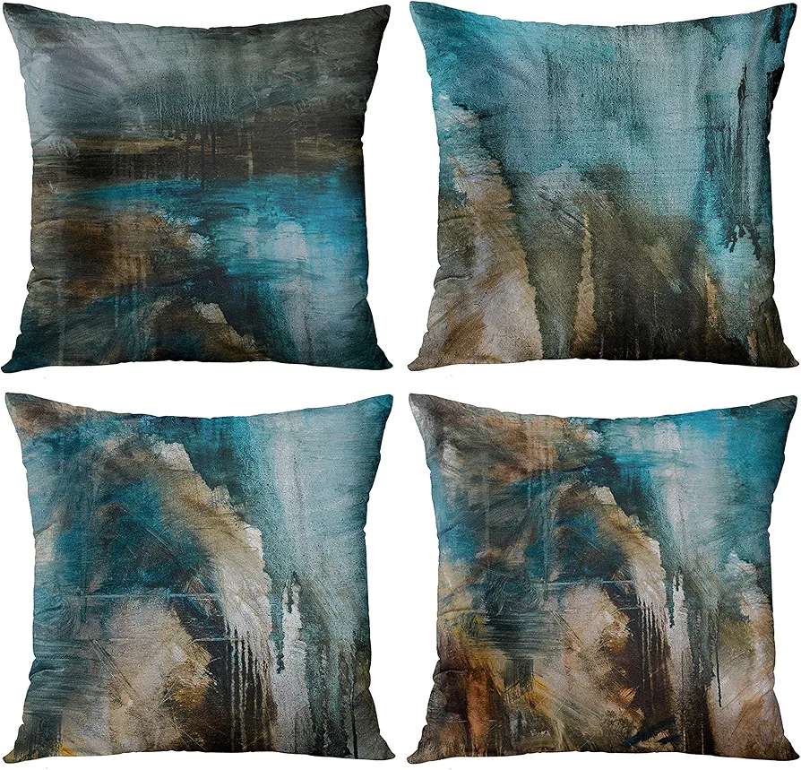 Emvency Set of 4 Throw Pillow Covers Modern Abstract Messy Teal Turquoise Black and Brown Retro Painting Decorative Pillow Cases Home Decor Standard Square 18x18 Inches Pillowcases