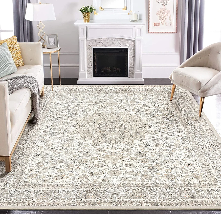 Area Rug Living Room Rugs: 9x12 Large Machine Washable Non Slip Thin Carpet Soft Indoor Luxury Floral Stain Resistant Carpets for Under Dining Table Farmhouse Bedroom Nursery Home Office Beige