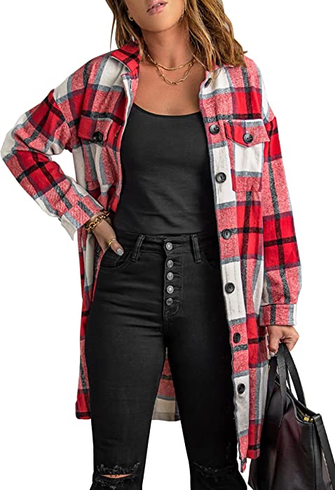 KIRUNDO Women's Flannel Plaid Shirts Jacket Shacket Coats Casual Boyfriend Button Down Shirts Long Sleeve Blouses Tops