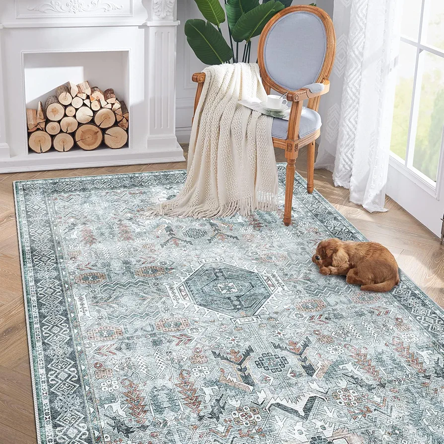 Washable Living Room Area Rug - 5'x7 'Large Bedroom Rug Distressed Oriental Non-Slip Non-Shedding Print Floor Carpet for Dining Room Kitchen (Grey, 5 x 7)