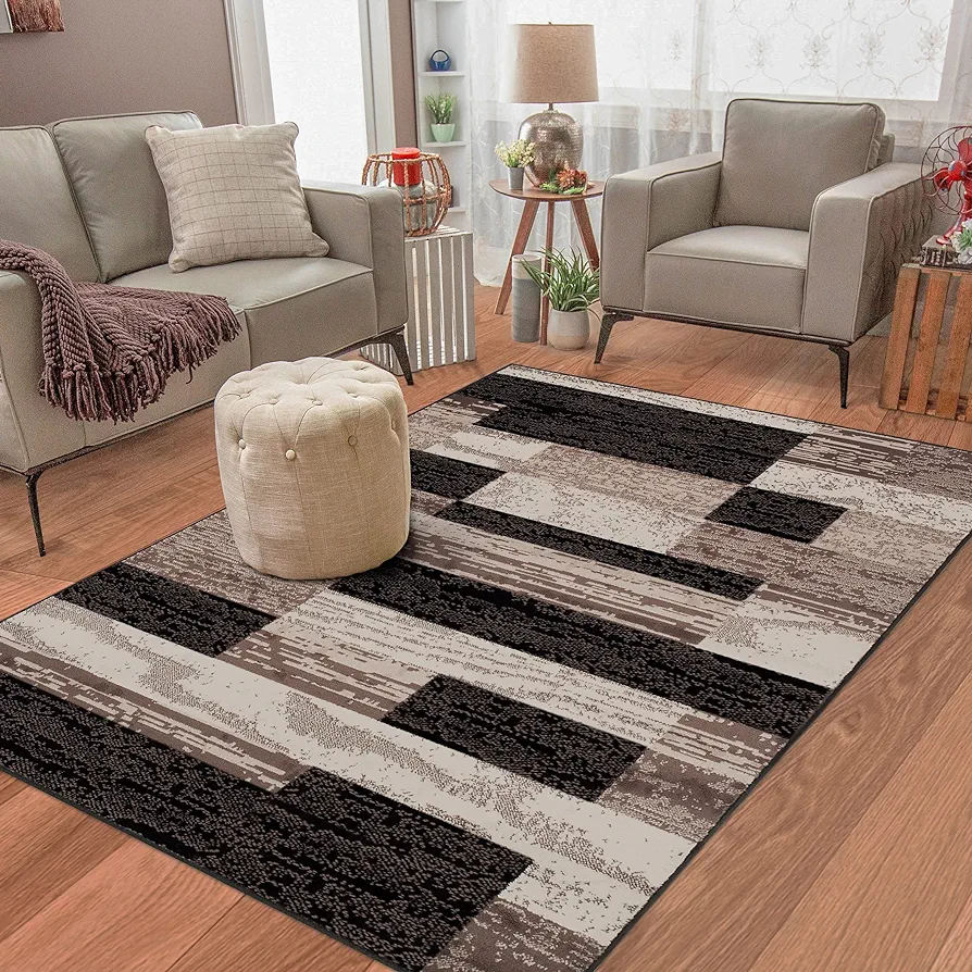 SUPERIOR Indoor Area Rug, Jute Backed, Modern Geometric Patchwork Floor Decor for Bedroom, Office, Living Room, Entryway, Hardwood Floors, Rockwood Collection, 4' x 6', Chocolate