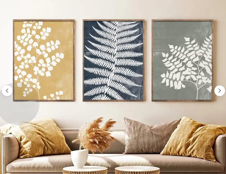 3 Pieces Framed Art Prints Navy Yellow & Sage Leaves Botanical Poster Pictures Fern Canvas Wall Painting for Living Room Bedroom Farmhouse Decoration