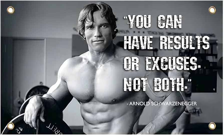 3x5 Feet Arnold Schwarzenegger Flag - "You Can Have Results Or Excuses. Not Both." with 4 Brass Grommets - Gym Motivational Poster - This beautiful entertaining banner for College Dorm or Room Decor