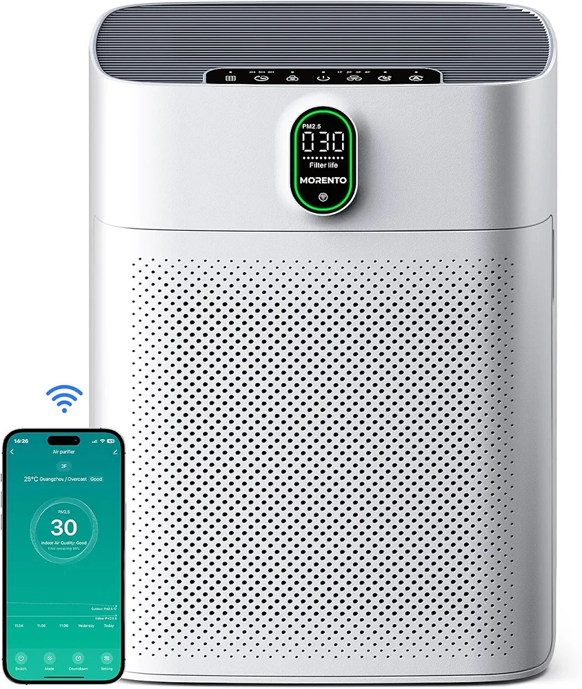 MORENTO Smart Air Purifier for home Large Rooms up to 1076 ft², Wi-Fi and Alexa compatible, PM2.5 Air Quality Display, Auto Mode, Quiet Mode 24dB, HEPA Filter Removes Dust, Pollen, Smoke (White)