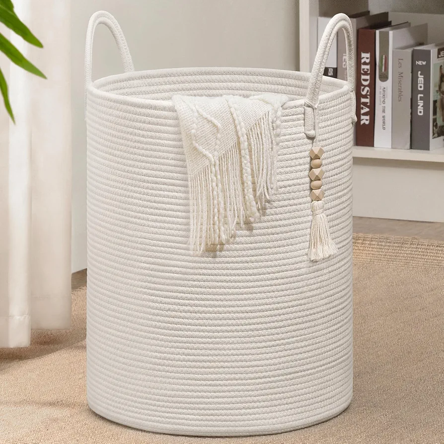 Goodpick White Laundry Basket with Handles, Tall Woven Laundry Hamper for Clothes, Towels, Pillows, Toys, Decorative Blanket Basket for Living Room, Bedroom, Playroom, 16 x 20 inches