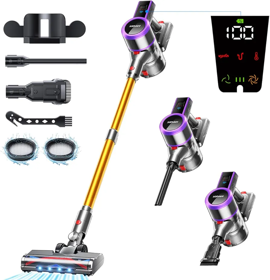 Cordless Vacuum Cleaner, 40000Pa/500W Powerful Vacuum Cleaners for Home, 60 Mins Runtime, LED Display, 1.5L Cup, Anti-Tangle Brush, Lightweight, Ultra-Quiet, Cordless Stick Vacuum Cleaner