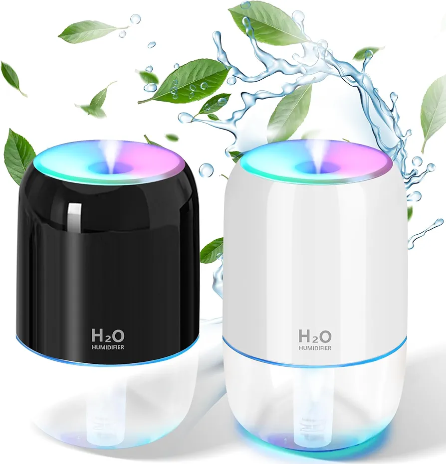 Mini Humidifiers for Bedroom, 2 Pack 200ml Cool Mist Humidifiers for Indoor Plants, Room Humidifiers for Bedroom Quiet Easy Clean Auto Shut-off Top Fill Humidifier for Car Office Desktop (White+Black)