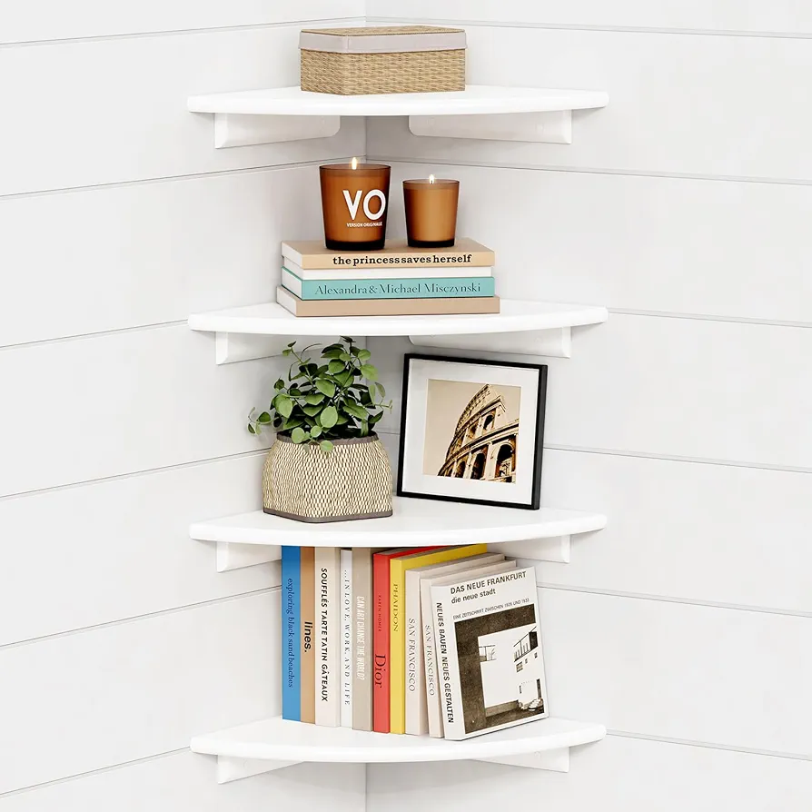 Forbena Corner White Floating Book Shelves for Wall Set of 4, Wood Nursery Corner Bookshelf for Kids Bedroom, Large Modern Round Wall Bookshelves for Living Room Decor, Indoor Plants, Bathroom