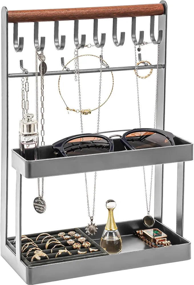 Lolalet Jewelry Organizer Stand Holder, 4-Tier Cute Necklace Holder Stand Rack with 12 Hooks Place Rings Necklaces for Teen Girl Room Decor -Grey